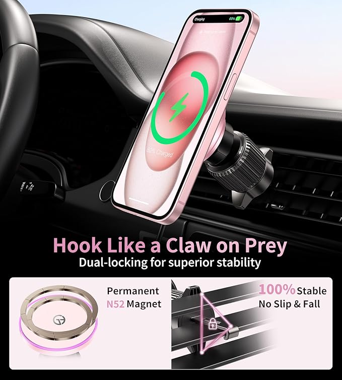 for MagSafe Car Mount Charger Dash/Windshield/Vent Wireless Car Charger with [LED Light], Magnetic Phone Holder for Car for iPhone 17 16 15 14 13 12 Series, Fit MagSafe Accessories (Pink)
