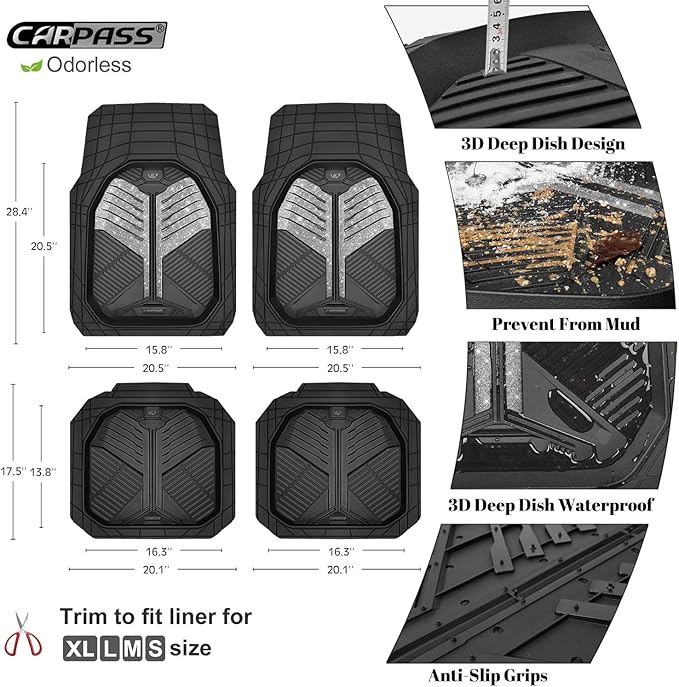 CAR PASS Heavy Duty Rubber Car Mats, Deep Dish Car Floor Mats All Weather Car Mats Full Set 4-Piece Trim to Fit for Sedan SUV Truck Sports Waterproof Anti-Slip Automotive Mats Black and Silver Glitter