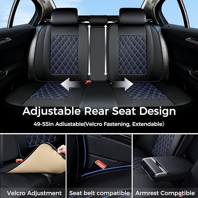 Huidasource Rear Bench Seat Covers for Cars, Waterproof Split Back Seat Cover, Leather Seat Cushion Protector Universal Fit for Most Cars Sedan SUV Pickup Truck (Back Row/Black & Blue)