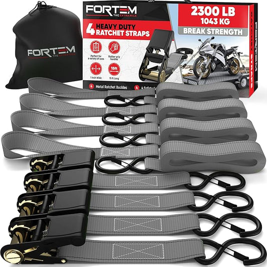 FORTEM Ratchet Straps, Tie Down Strap Set 2300lb Break Strength, 4 Pack 15ft x 1in, 4 Soft Loops, Moving Straps Tie Downs, Cargo Cam Buckles for Trucks, Carry Bag, for Men