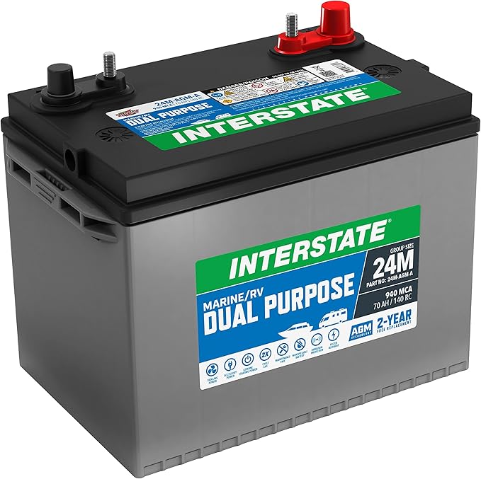 Interstate Batteries Marine/RV Battery 12V 70Ah 750CCA (24M-AGM) Dual Purpose Power Pure Lead AGM RV & Marine Starting Replacement Battery (Group Size 24) Boats, RV's