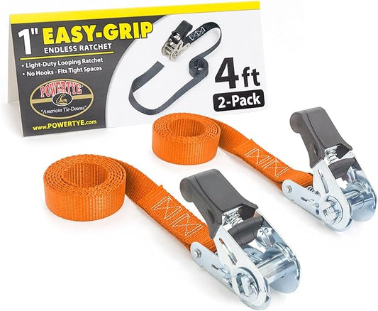 PowerTye - Endless Ratchet Strap - 1in x 4ft Easy Grip (Hookless), Tie Down Strap w/ 400 lb. Working Load Limit / 1,200 lb. Break Strength, Ideal for Motorcycle, Truck Beds, & Cargos, Orange 2-Pack