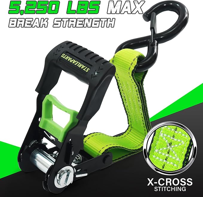 Motorcycle Tie Down Strap (4PK 1.5INX8FT) - 5,250lb Break Strength, Premium Ratchet Tie Down Straps Set, Soft Loop Ratchet Straps for Moving Appliances, Lawn Equipment, Cargo Straps for Trucks