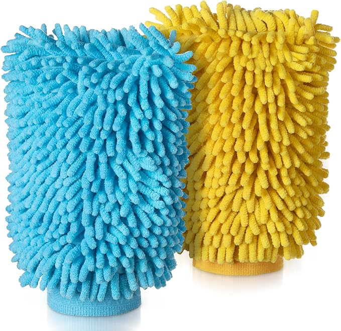 MR.SIGA Premium Microfiber Soft Chenille Car Wash Mitt, Pack of 2, Blue & Yellow