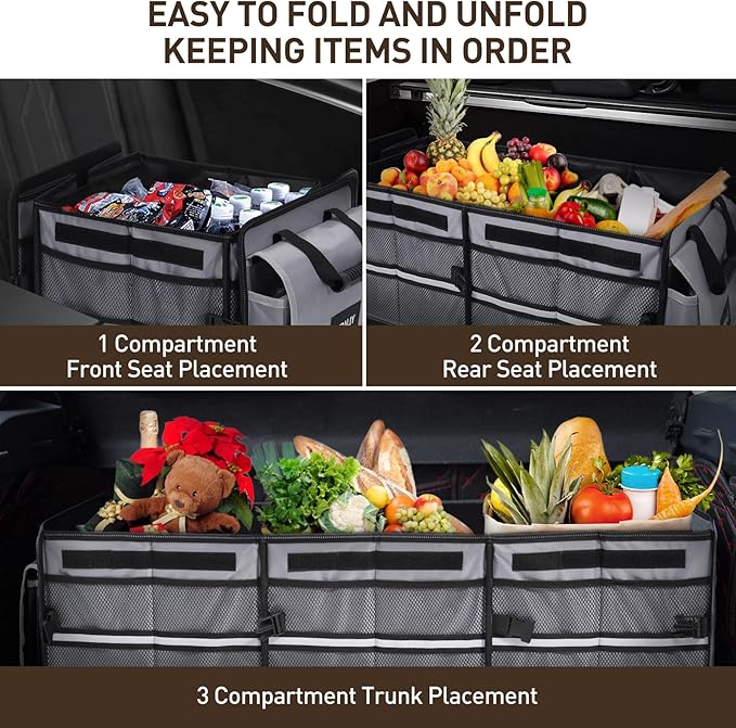 HIRALIY 4 in 1 Car Trunk Storage Organizer, Multi Compartment Foldable Trunk Storage Box with Leakproof Insulated Bag for Car Truck SUV