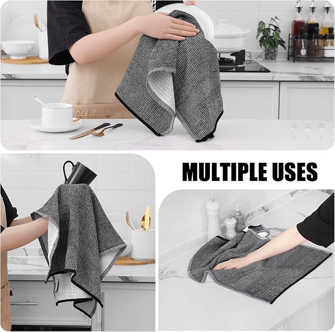 Homaxy Premium Kitchen Towels(18”x 28”, 12 Pack), Large Cotton Kitchen Hand Towels, Flat and Terry Dish Towels, 380 GSM Highly Absorbent Tea Towel Set with Hanging Loop, Black