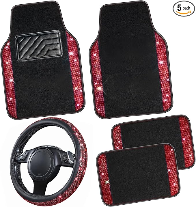 CAR PASS Bling Diamond Leather Steering Wheel Cover 14.5in-15in Floor Mats Shining Rhinestone Carpet Sparkly Glitter Crystal Anti-Slip Pad Fit Automotive SUV Pickup Truck Girl Women, 5pcs Black Red