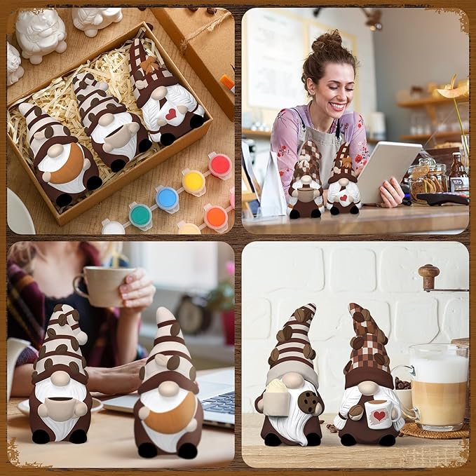 Eersida 6 Sets Coffee Gnome Ceramics to Paint Ready to Paint Your Own Ceramic Coffee Gnome Statues DIY Unpainted Ceramics Paintable Figurines Kit Crafts with Brush Palette Christmas