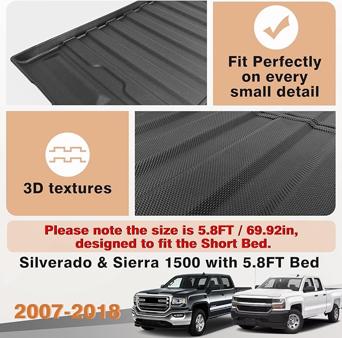 TripleAliners Truck Bed Mat Compatible with 2007-2018 Chevy Silverado/GMC Sierra 1500 Accessories 5.8FT Vehicle Bed Perfectly Flush All Weather Protection TPE HeavyDuty Pickup Car Cargo Mat