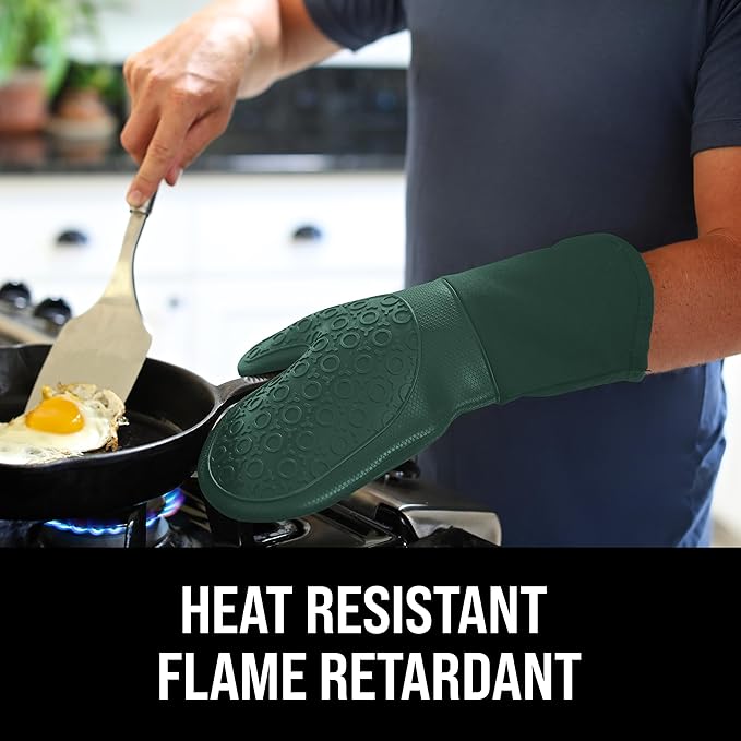 BPA-Free Silicone Oven Mitts Ultra Heat Resistant up to 500°F - Oven Mitts with Thick Cotton Liner - Long Slip Resistant Pot Holders, Flexible Oven Gloves - Green 13.7