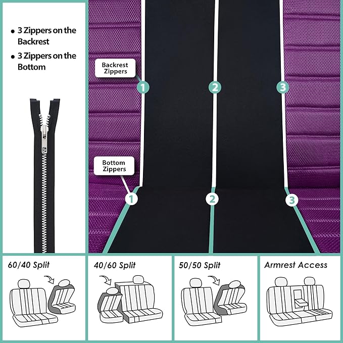 FH Group Automotive Car Seat Covers Full Set Premium 3D Air Mesh Front Seat Covers, Airbag Compatible & Split Bench Cover Universal Fit Interior Accessories for Cars Trucks and SUVs - Purple