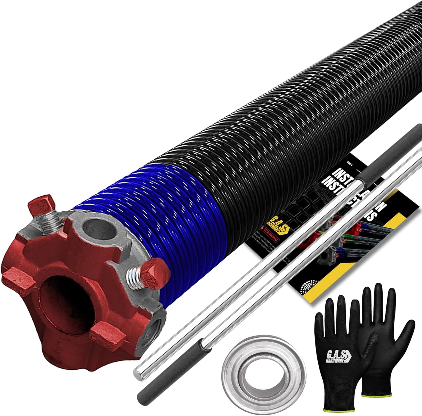 Garage Door Torsion Spring 262x1.75x36 Includes 1” Steel Bearing, Non-Slip Gloves, and Winding Bars for Left Side of Garage Door Precision E-Coating 5-Year Warranty Min. 30,000 Cycles (Red Cone)