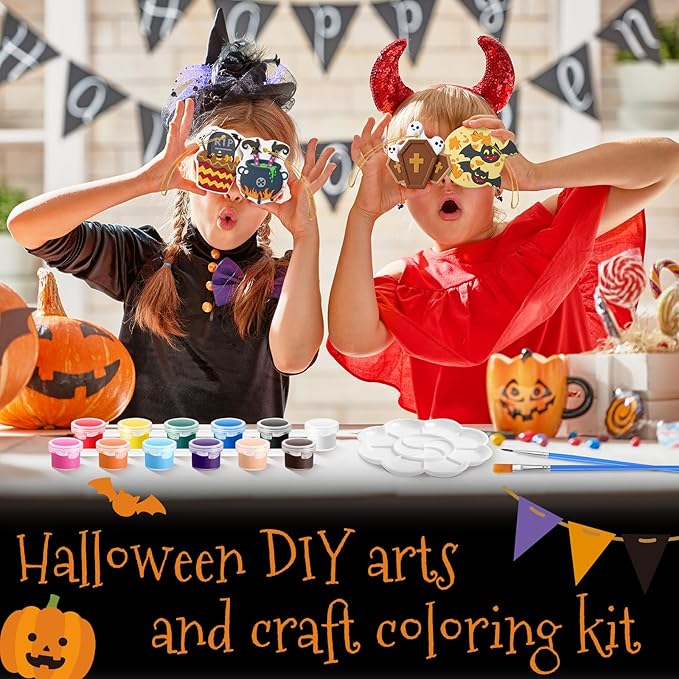Seenelling 24 Sets Halloween DIY Painting Kits Paint Your Own Ceramics Pumpkin Ghost Unpainted Plaster Statues Arts and Crafts with Brush, Lanyard for Kids Halloween Gifts Party Decor (Fun)