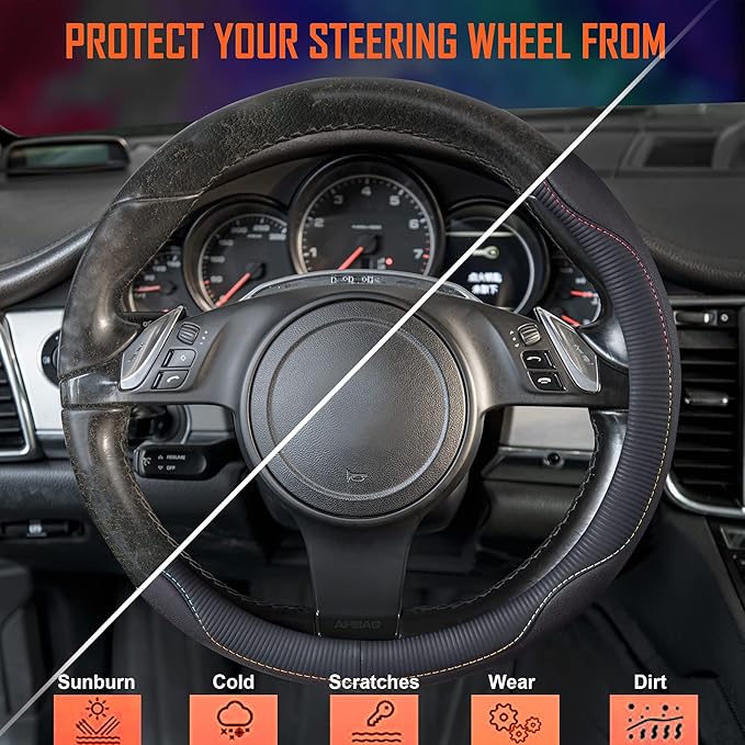 CAR PASS Colour Piping Leather Universal Fit Steering Wheel Cover,Perfectly fit for 14.5-15 inches for Various Vehicles Suvs,Vans,Trucks,Sedans,Cars(Black Multicolor)