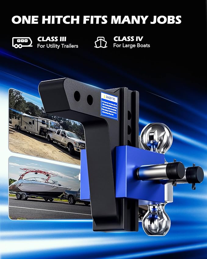 Orion Motor Tech Adjustable Trailer Hitch, Heavy Duty Drop Hitch 2 inch Receiver, 6" Drop & Rise Hitch with 2" & 2-5/16" Balls, 360° Dual-Ball Mount with 12500 lb. Towing Capacity for Class III & IV