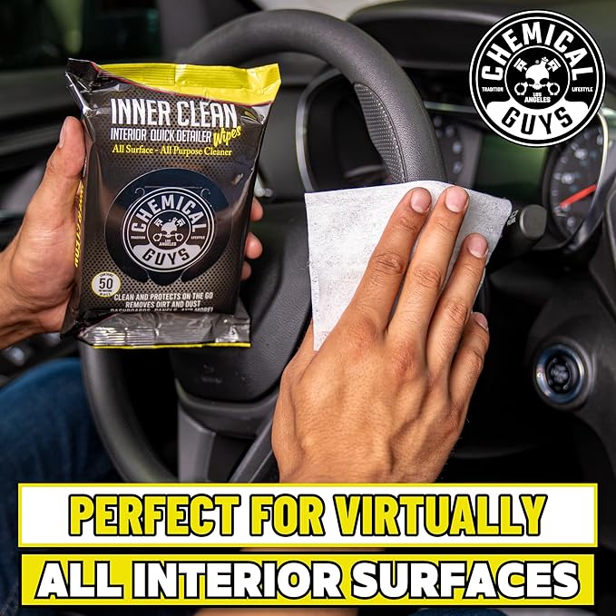 Chemical Guys InnerClean Interior Quick Detailer & Protectant Wipes – 50 Pack Multi Surface Cleaning Wipes for Dashboards, Doors and Seats – Safe for Cars, Trucks, SUVs, RVs and Home Use
