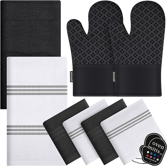 Dish Towels and Dishcloths with Oven Mitts Sets- 100% Cotton Tea Towels for Kitchen- 500 F Heat Resistant Oven Mittens 7.5"x12", Durable Dish Cloths 11.8"x11.8", Absorbent Dish Towels 13.5"x24"