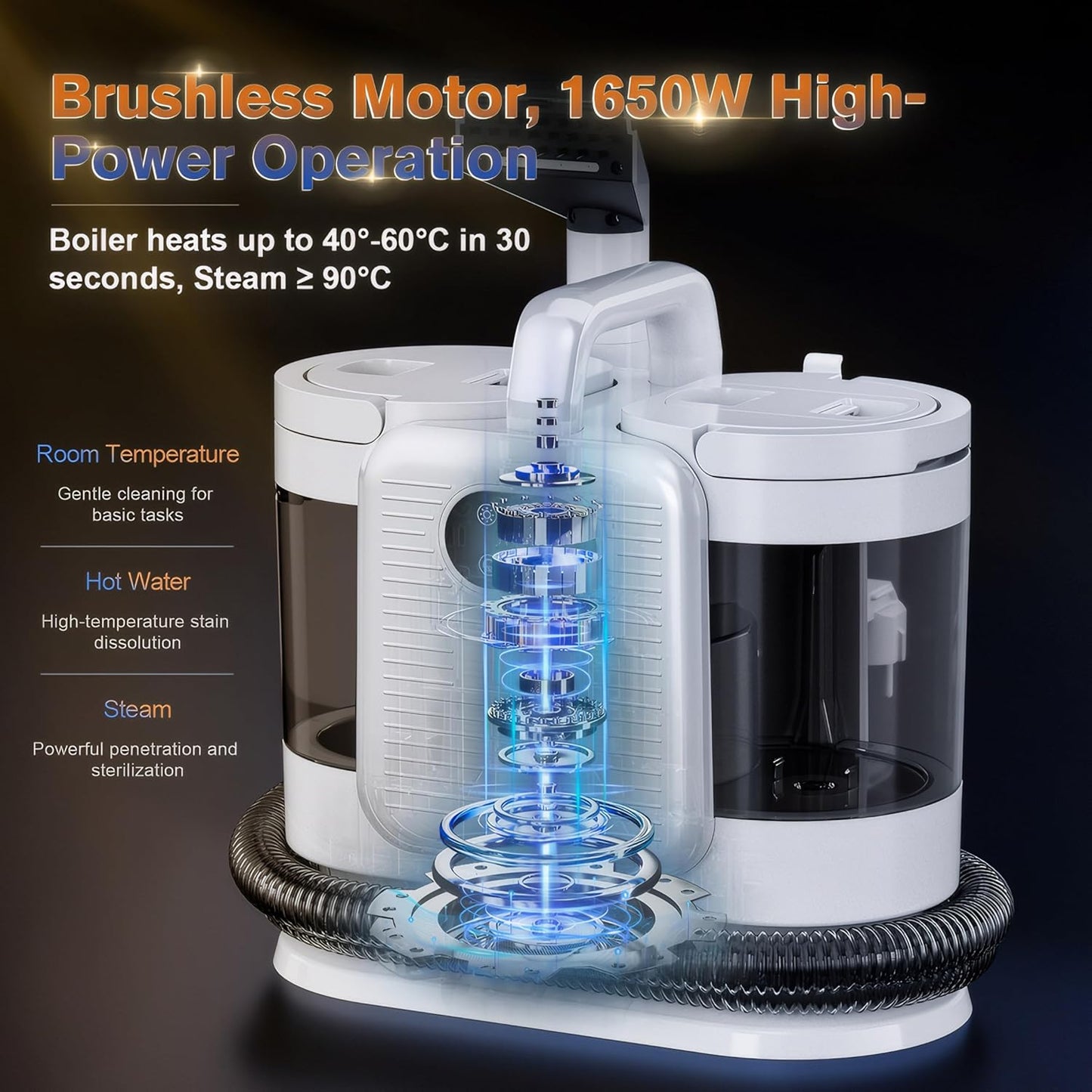 Upholstery Steam Cleaner for Couch & Furniture – 1650W 15KPa Powerful Suction Portable Carpet Spot Cleaner Machine with 4 Cleaning Modes, Ideal for Sofa, Car Seat, Rug, Mattress & Pet Stains, White