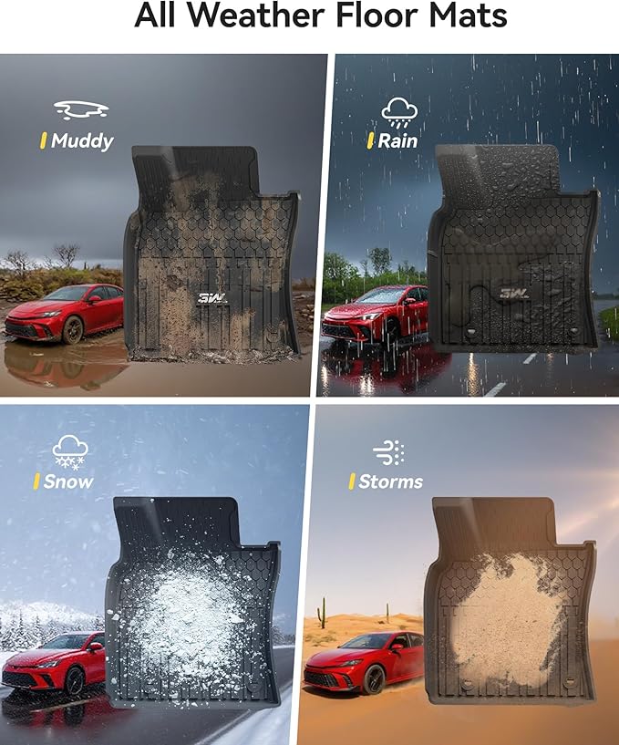 3W Floor Mats & Cargo Liner for Toyota Camry 2025 2026, TPE All Weather Custom Fit Camry(Hybrid/LE/SE/XLE/XSE), 1st & 2nd Row and Trunk Mat, Black