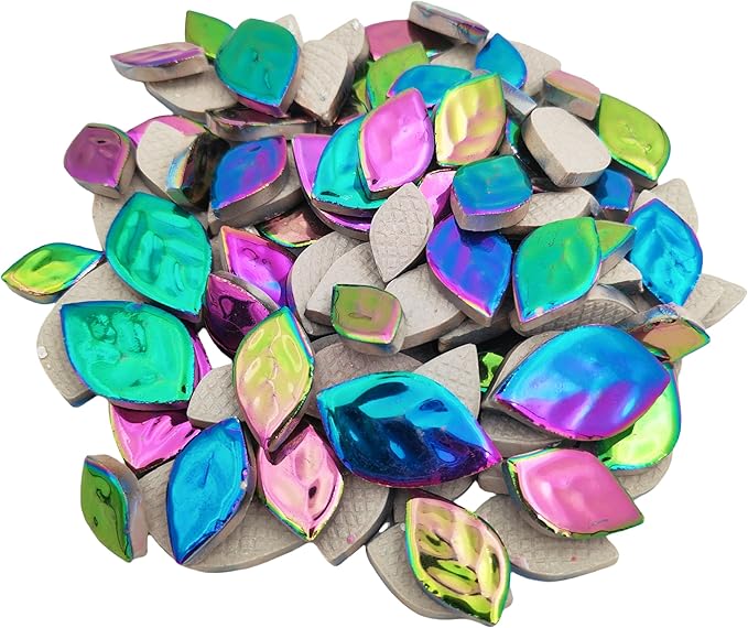 1.1LB Iridescent Leaves Ceramics Mosaic Tiles,Making Creative 3 Size Ceramic Mosaic Pieces for DIY Craft,Flowerpots,Vases,Cups,Garden Decor Mosaic Making Supplies (Mix Rainbow)