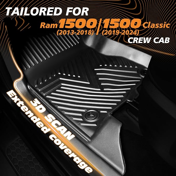 Floor Mats for Ram 1500 2500 3500 Crew Cab (2013-2018) & Ram 1500 Classic (2019-2024) | Front & Rear Floor Liners | Fit with Cargo Liners | All-Weather Truck Accessories