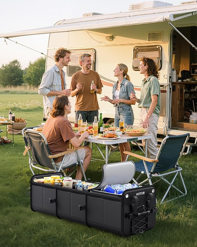 HOTOR Trunk Organizer - 3-Compartment Car Organizer and Storage with Cooler Bag, Foldable Car Storage Organizer for SUV with Handles & Strap for Shopping, Picnic, 37.0" x 14.6" x 12.0", Black