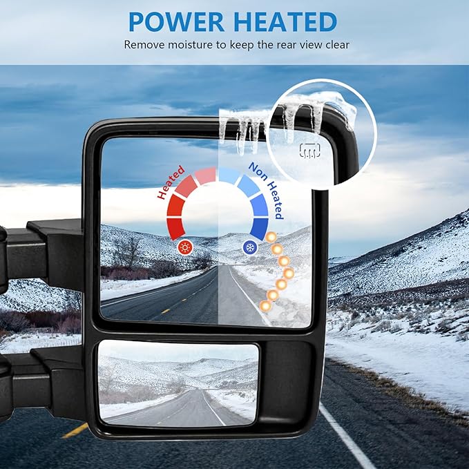 Towing Mirror Left & Right Pair For 99-07 F250/F350/F450/F550 Super Duty,01-05 Excursion,Power Heated,Smoke Signal Light,Arrow Lamp,Driver Passenger Side Lh Rh Replacement