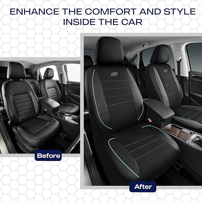 Skechers Air-Cooled Memory Foam Seat Covers,Mesh Thick Car Seat Covers,Piping Leather Car Seat Covers Front Seats,Airbag Compatible,Automotive Comfort for Most Cars,Vans,Trucks,SUV(Mint,Two Front)