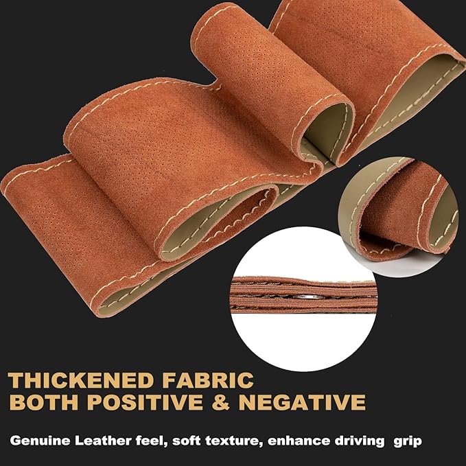 AUTOXBERT 38cm/15 Inch Genuine Leather DIY Steering Wheel Cover Soft Hand Sewing On Wrap Cover with Needles Thread fit for VW Ford Nissan Kia Vauxhall