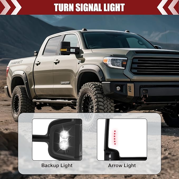 Tow Mirrors Compatible with 2007-2021 Tundra, 2008-2017 Sequoia, Extended Trailer Towing Side Mirrors with Sequential Switchback Turn Signal, Power Heated, Backup Light, Arrow Light, Black