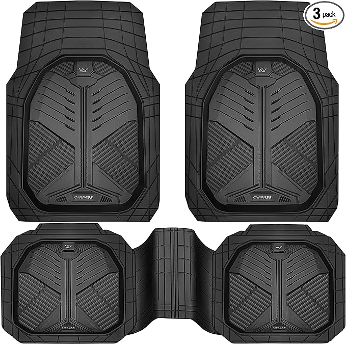 CAR PASS Heavy Duty Rubber Car Mats, Deep-Dish Odorless Car Floor Mats All Weather, Universal Trim-to-Fit for SUVs Trucks Sedans, Waterproof Anti-Slip, 3 Pieces V12 Black