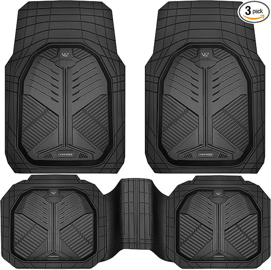 CAR PASS Heavy Duty Rubber Car Mats, Deep-Dish Odorless Car Floor Mats All Weather, Universal Trim-to-Fit for SUVs Trucks Sedans, Waterproof Anti-Slip, 3 Pieces V12 Black