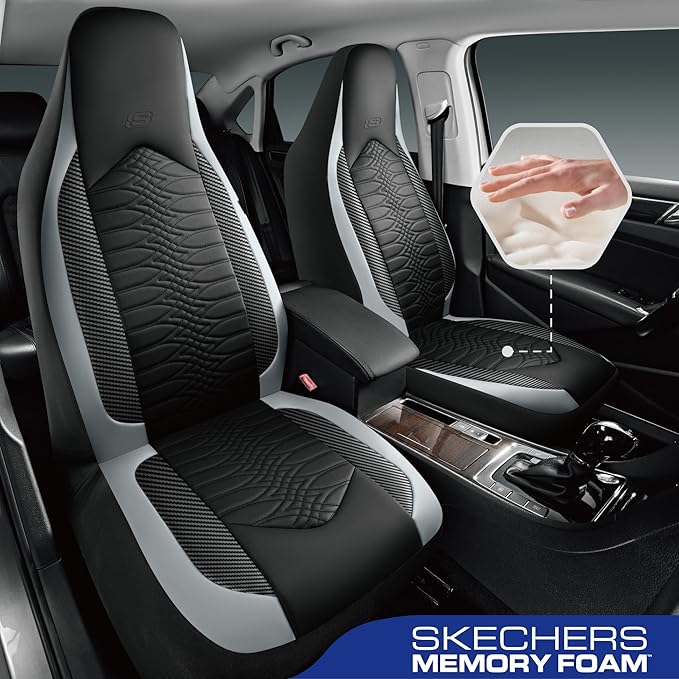 Skechers Memory Foam Car Seat Covers, Leather High Back Seat Covers Quilting Design,Waterproof Sports Car Seat Covers Front Seats,Airbag Compatible, Universal Fit for Most Cars, SUVs,Trucks,Gray