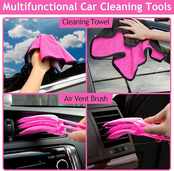 THINKWORK Pink Car Duster Interior Kit, Perfect Car Detailing Brush Kit for Cleaning Windows,Windshield,Dashboard and Air Vents Suitable for All Cars