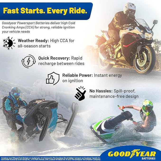Goodyear GYTZ12S - 12 Volt 12 AH, 210 CCA, Rechargeable High-Performance, Maintenance Free, SLA - AGM Battery for Motorcycle, ATV, UTV, Scooter, Snowmobile, Motorbike and more!