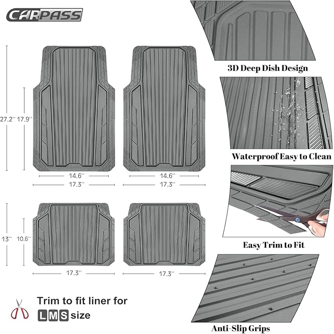 CAR PASS Heavy Duty Sporty Rubber Car Mats, Deep Dish All Weather Car Floor Mats Full Set, Waterproof Anti-Slip Automotive Matts Rugs Trim to Fit for Most Sedans SUVs Vans, 4-Piece All Gray