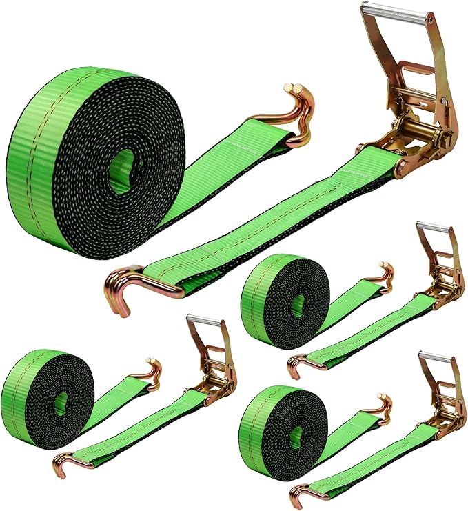 2"x20' Ratchet Straps with J Hooks - 10,000lb Break Strength/ 3,333lb Load Capacity Ratchet Tie Down Strap - Ratchet Straps Heavy Duty - Cargo Straps for Truck, Lawn Equipment, Car Roof, 4 Pack(Green)