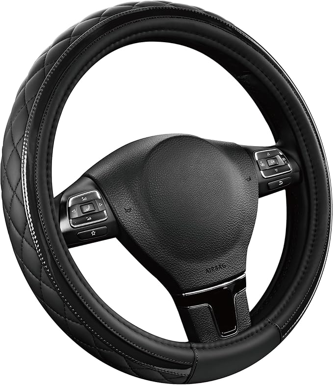 Road Comforts Leather Steering Wheel Cover – Black & Black, Universal Fit 14.5-15 Inch, Microfiber Leather, Anti-Slip & Breathable Design for Men and Women