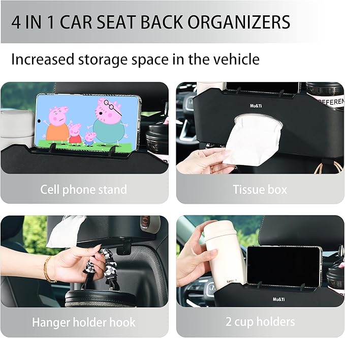 Mu&Ti Multifunctional Car Seat Back Storage Box with 2 Cup Holders, Tissue Box, Hook and Trash Bag- Ideal for Family and Travel (Black)
