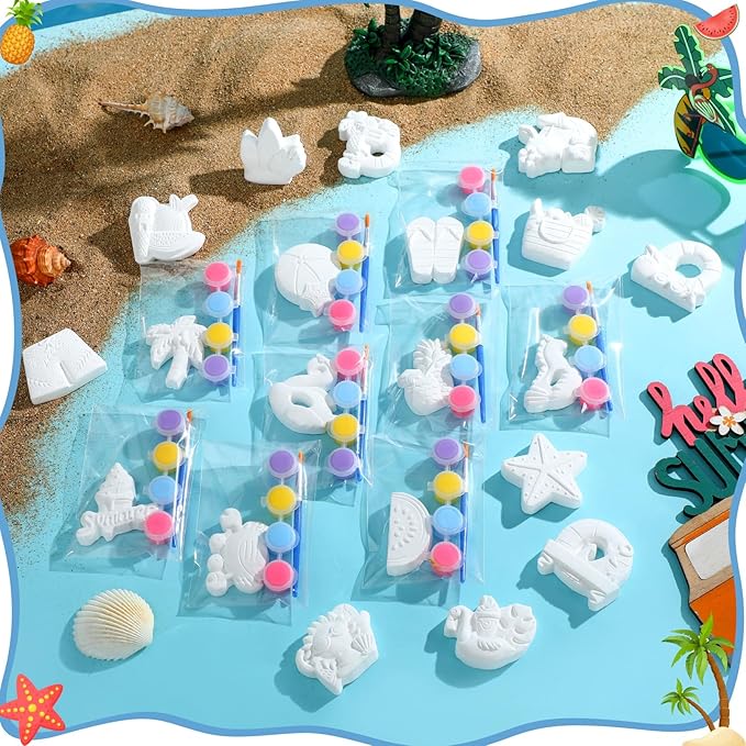 JellyArch 20 Set Summer Beach DIY Painting Ceramic Kit Paint Your Own Beach Ball Flamingo Slipper Statues Unpainted Plaster Figurines Brushes Acrylic Paints Bags Party Favor