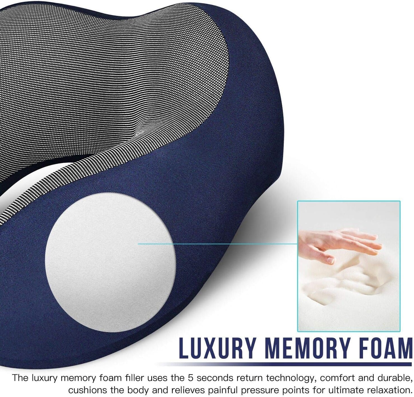 MLVOC Travel Pillow 100% Pure Memory Foam Neck Pillow, Comfortable & Breathable Cover, Machine Washable, Airplane Travel Kit with 3D Contoured Eye Masks, Earplugs, and Luxury Bag, Standard (Blue)