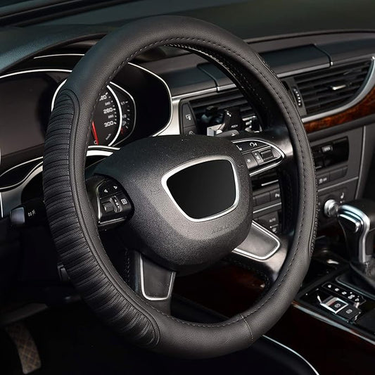 KAFEEK Steering Wheel Cover, Universal 15 inch, Microfiber Leather,Black
