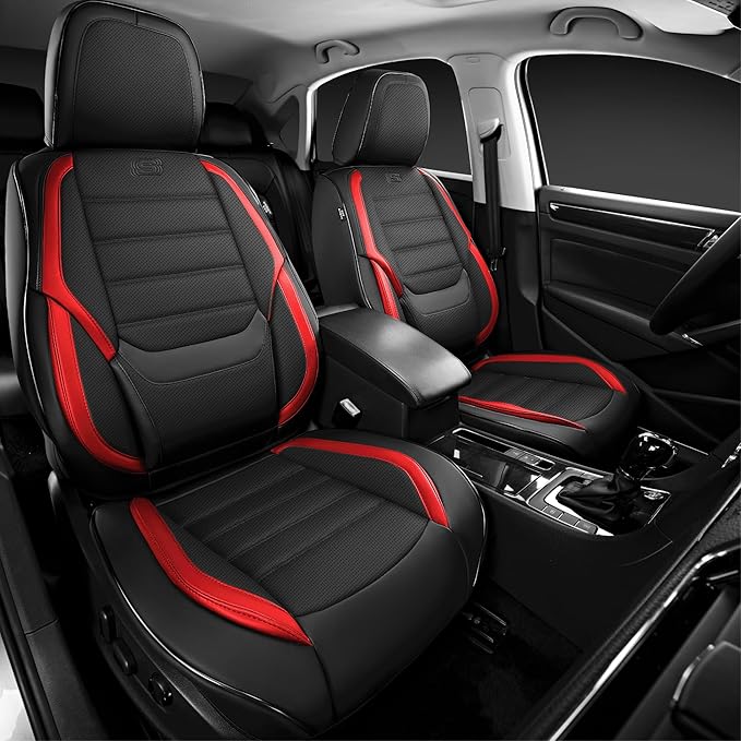 Skechers MAX Cushioning Seat Covers,Memory Foam Leather Car Seat Covers,Waterproof Car Seat Protector Front Seats,Car Seat Cushion Airbag Automotive Universal Fit for Most Cars,Vans,Trucks,SUV,Red