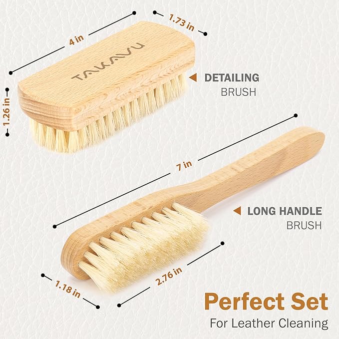 TAKAVU Leather & Upholstery Cleaning Brush Set, Pure White Boar Hair Bristle, to Clean Car Seats, Leather Sofas, for Alcantara, Interiors, Furniture, Boots, Shoes, Bags and More