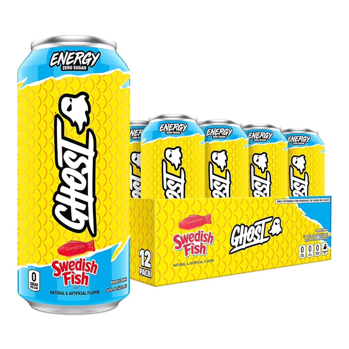 GHOST Energy Drink - 12-Pack, Swedish Fish, 16oz Cans - Energy & Focus & No Artificial Colors - 200mg of Natural Caffeine, L-Carnitine & Taurine - Gluten-Free & Vegan