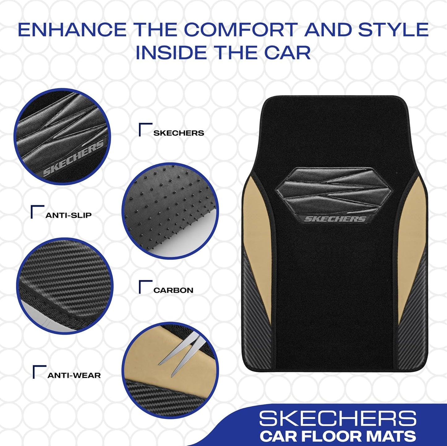Skechers Car Floor Mats,Waterproof Universal Fit Car Mats,Faux Leather Car Floor Mats,Carbon Floor Mats for Cars with Anti-Slip Skechers Heel Pad Fit for SUV,Vans,Sedans,Trucks,Beige