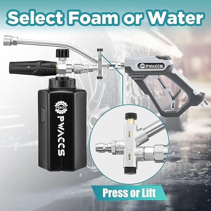 PWACCS Pressure Washer Foam Gun with Dual Connector Accessory, Short Power Washer Gun Foam Cannon and Double Tip Attachment Car Wash Kit, 1/4" Quick Connector, M22 Male Inlet, 4000 PSI, 1.5 Liter