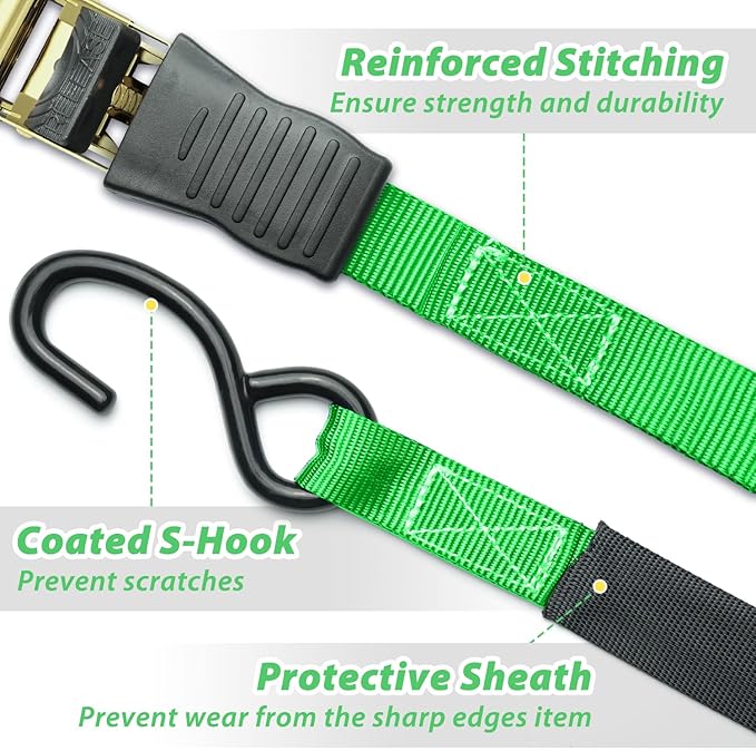 Ratchet Tie Down Strap 8-Pack 15 Ft - 500 lbs Load Cap with 1500 lbs Breaking Limit, Ohuhu Ratchet Tie Downs Logistic Cargo Straps for Moving Appliances, Motorcycle, Green