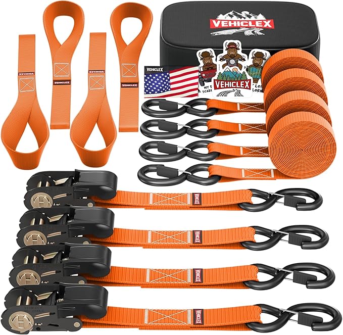 Ratchet Tie-Down Straps Set - (1" x 15', 2200lbs Breaking Strength) - Vehiclex Soft Loops, Coated S-Hooks, Storage Bag for ATV, Motorcycle, Bicycle, Kayak, Cargo Securing, Orange