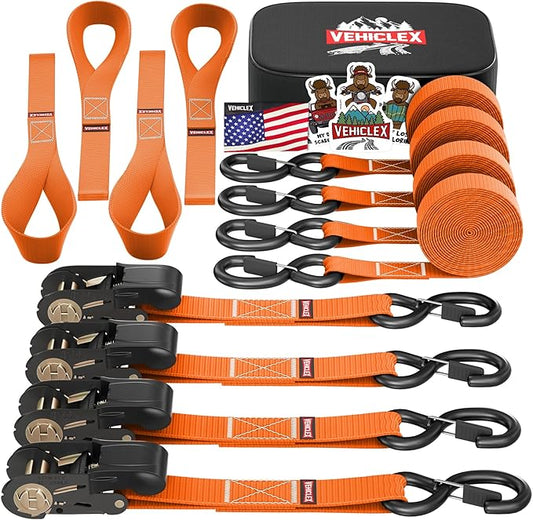 Ratchet Tie-Down Straps Set - (1" x 15', 2200lbs Breaking Strength) - Vehiclex Soft Loops, Coated S-Hooks, Storage Bag for ATV, Motorcycle, Bicycle, Kayak, Cargo Securing, Orange